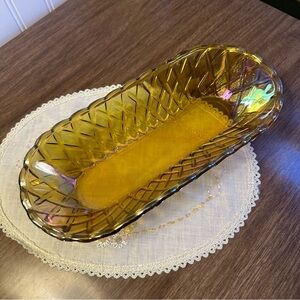 Indiana Glass Amber Carnival Glass Pretzel Basketweave Pattern Oval Cracker Tray